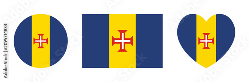 National flag of Portugal island Madeira heart shaped, circle, rectangle sticker, button, icon. Portugal Madeira flag heart, round, rectangular banner.