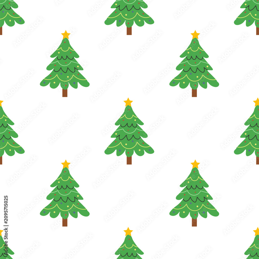 Fototapeta premium Christmas tree simple pattern featuring decorated green pines with yellow stars on a white background, ideal for seasonal gift wrapping, holiday stationery, and festive home decor.