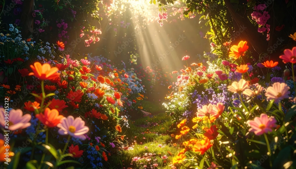 Obraz premium Enchanted floral path under glowing rays of sunlight.