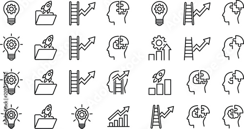 Business Growth and Startup Innovation Line Icon Set Featuring Idea Lightbulbs Launch Rockets Career Ladders Growth Charts and Puzzle Brain Memory Symbols