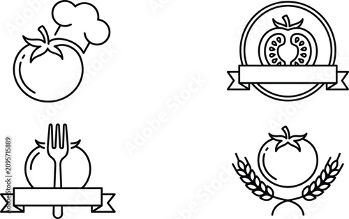 Tomato Eco Farm and Vegetarian Restaurant Logo Line Icon Set Featuring Organic Slices, Chef Hats, Culinary Forks, and Blank Ribbon Product Badges