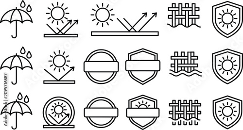 Sun Protection and Waterproof Fabric Properties Line Icon Set Featuring UV Blocking Umbrellas Shield Badges and Breathable Material Fiber Symbols