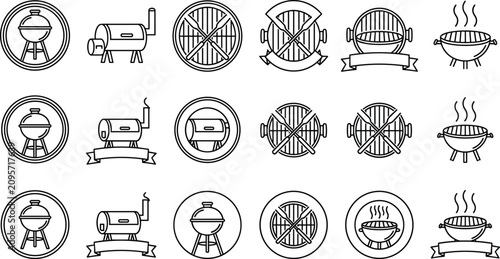 Barbecue Grill and Smoker Logo Line Icon Set Featuring Charcoal Kettle Grills, Smoke Waves, Ribbon Banners, and Grate Emblems for BBQ Steakhouse Restaurant Designs