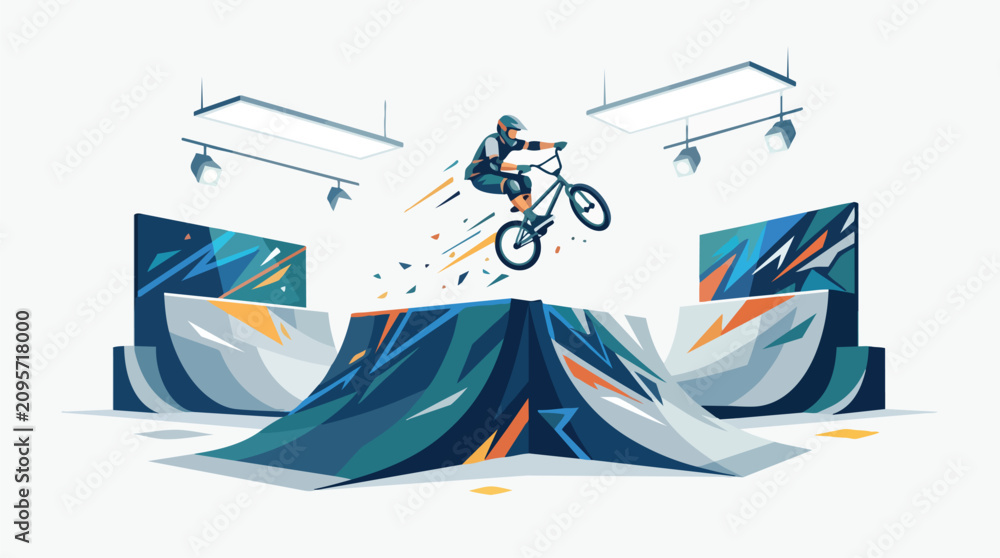 Fototapeta premium A BMX rider performing a jump stunt on a ramp.