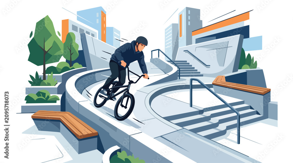 Obraz premium A BMX cyclist performing a trick on a concrete urban skate park ledge.