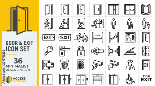 Minimalist door and exit icon set, 36 black line art vector symbols for building access, security entrance and emergency evacuation signage