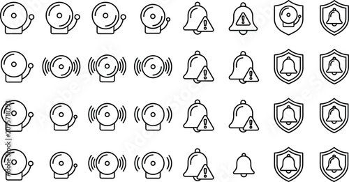 Emergency Alarm and Security Bell Line Icon Set Featuring School Bells Exclamation Warning Signs and Shield Defense Badges for Protection Systems