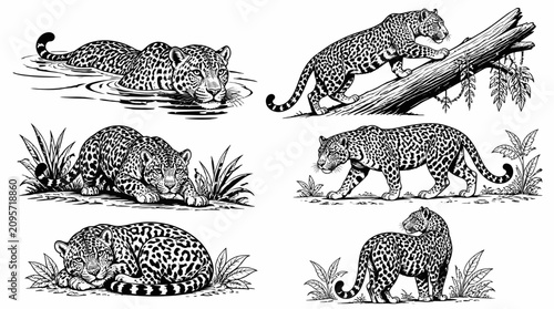 Set of black and white jaguar illustrations in various poses