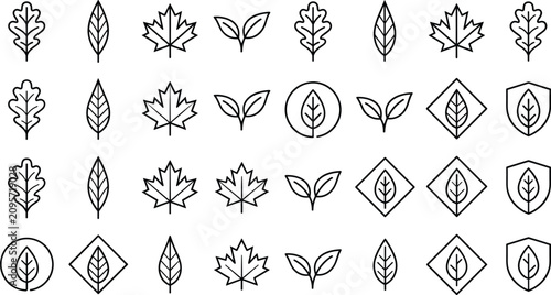 Leaf and Green Eco Line Icon Set Featuring Oak Maple and Sprouts with Shield Circle and Diamond Badges for Organic Nature Branding Designs