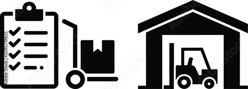 Warehouse inventory checklist and forklift icon set