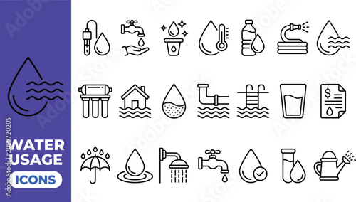 Fotografi Water usage and conservation icon set featuring faucets drops plumbing and envir