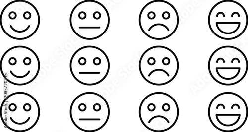 Customer Feedback Smiley Face Line Icon Set Featuring Happy Neutral Sad and Excited Emoji Symbols for User Experience Survey Rating Designs