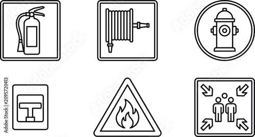 Fire Safety and Protection Line Icon Set Featuring Extinguisher Hose Reel Hydrant Alarm Pull Station Flame Warning and Evacuation Assembly Point Symbols