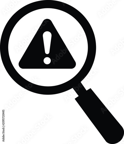 Magnifying glass inspecting warning triangle exclamation mark icon