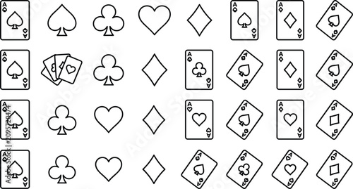 Playing Cards Line Icon Set Featuring Ace of Spades, Clubs, Hearts, and Diamonds with Casino Gaming Symbols for Poker, Blackjack, and Betting Designs
