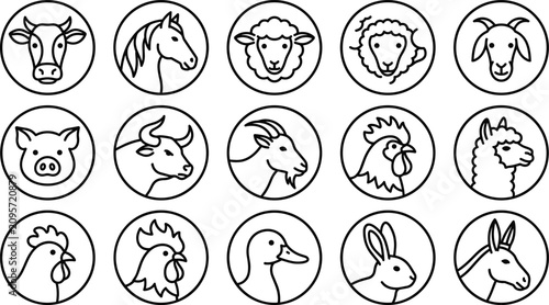 Farm Animal Round Line Icon Set Featuring Cow, Horse, Sheep, Goat, Pig, Bull, Chicken, Rooster, Duck, Rabbit, Alpaca, and Donkey Badges