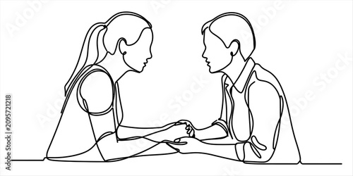 Foto Two women holding hands in a supportive conversation drawn in a simple continuou