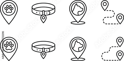 Pet GPS Tracker and Location Pin Icon Set with Dog Collars, Paw Prints, Route Maps, and Navigation Symbols for Veterinary Apps and Tracking Systems