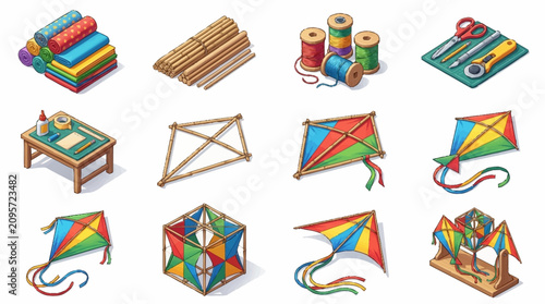 Tablou pe pânză Colorful collection of kites, wooden toys, and craft supplies.