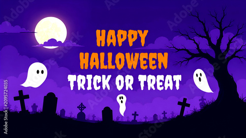 Happy Halloween Greeting Card with Haunted Graveyard, Ghosts, Full Moon, Creepy Tree and Purple Night Sky