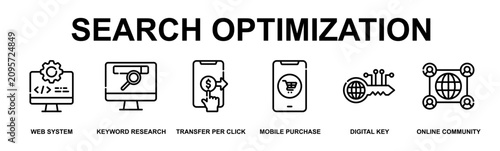 Bild auf Leinwand Search Optimization Banner Web Outline Icon Vector Illustration Concept for Tech
