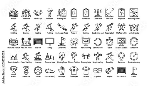 Modern Football Sports Outline Icons 45 Linear Vector Symbols Editable Stroke