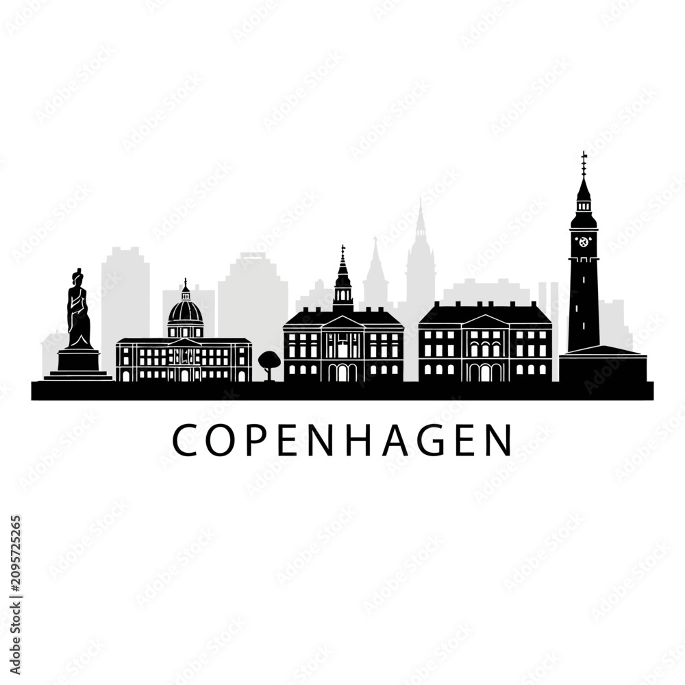 Obraz premium Copenhagen skyline silhouette illustration, black and white cityscape