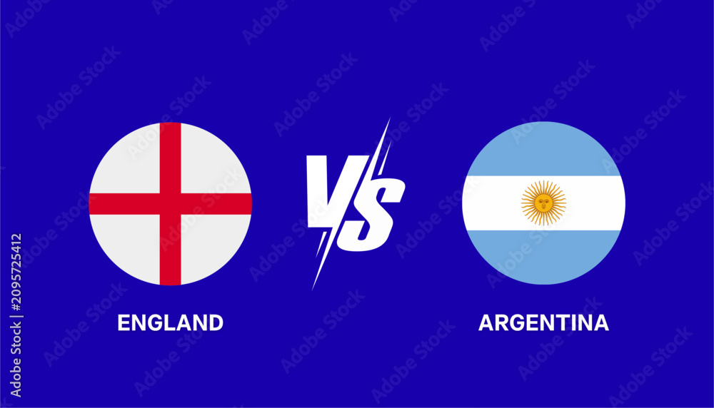 Obraz premium England vs Argentina international football championship match editable graphic template. Soccer tournament semi final banner with national flags isolated on blue background.