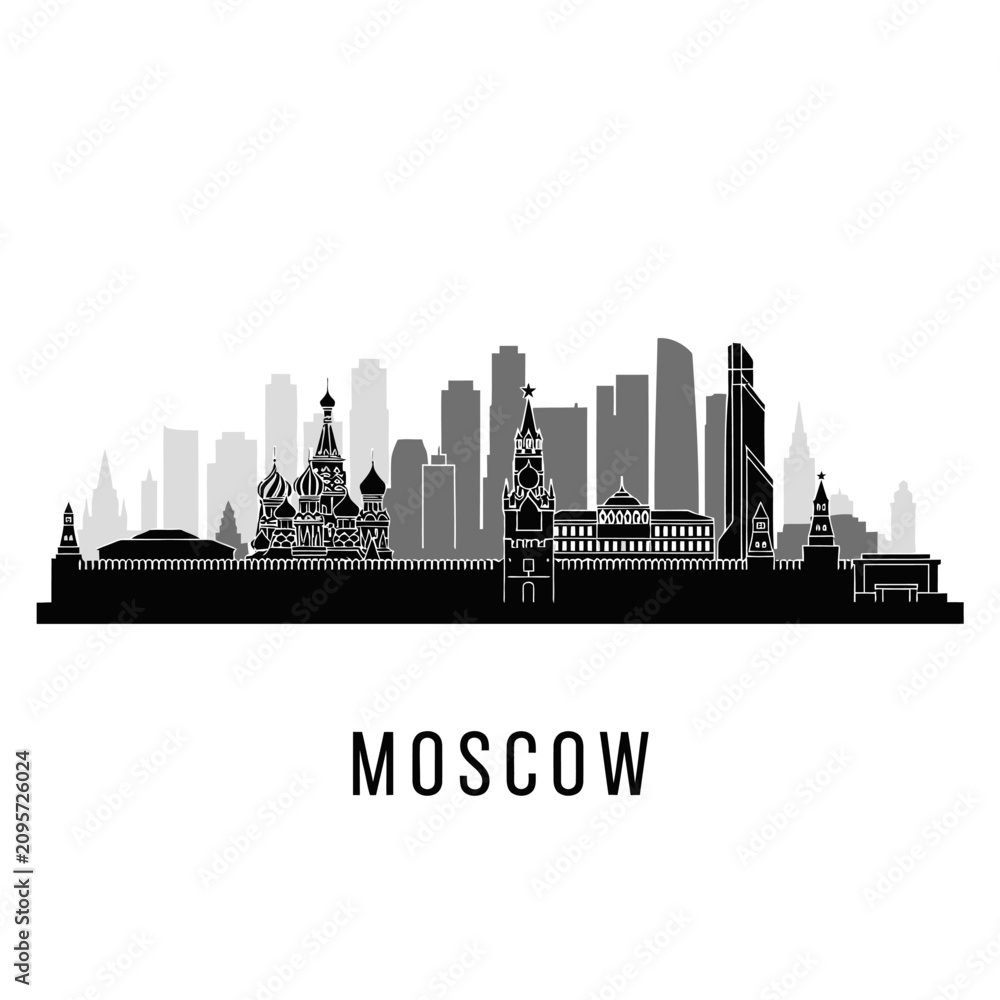 Fototapeta premium Moscow City Skyline Silhouette in Black and White, Iconic Buildings