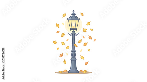 Foto A street lamp stands on a sidewalk with autumn leaves swirling around it