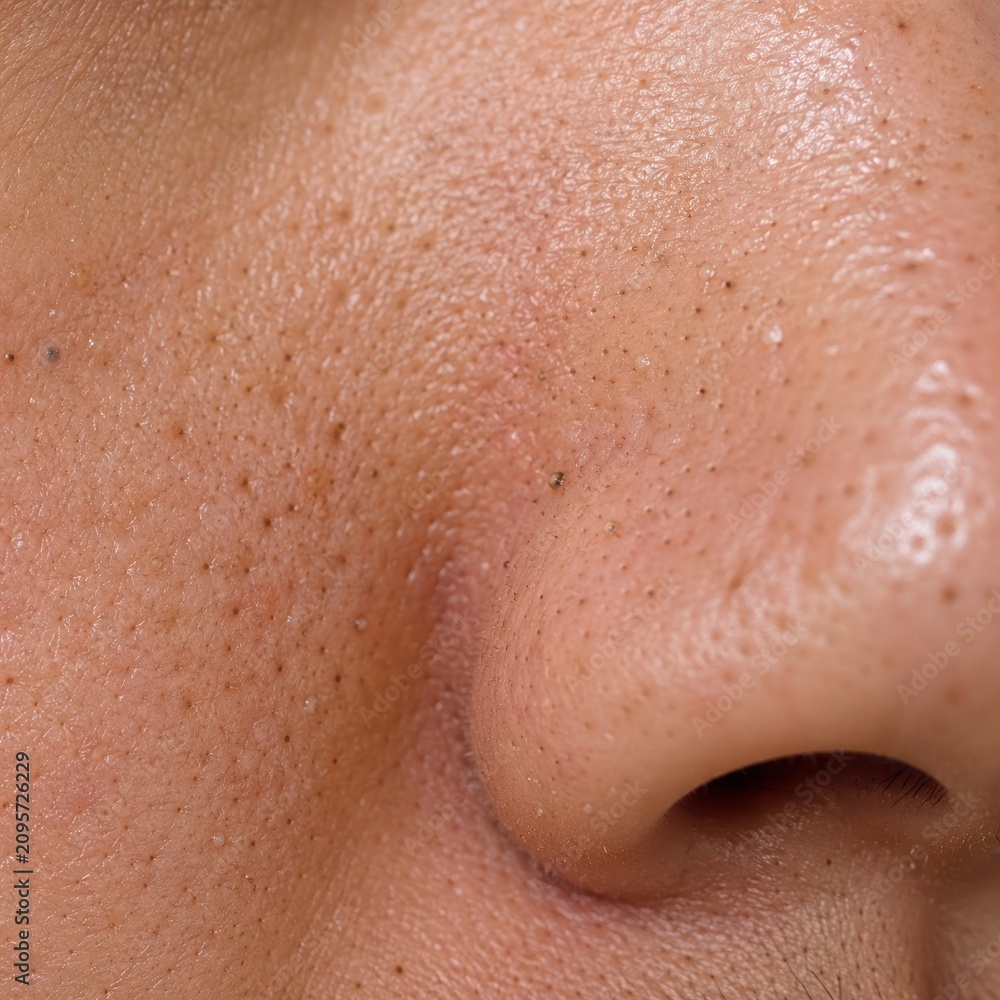 Fototapeta premium Close up detailed view of human nose skin showing visible large pores blackheads and texture on face