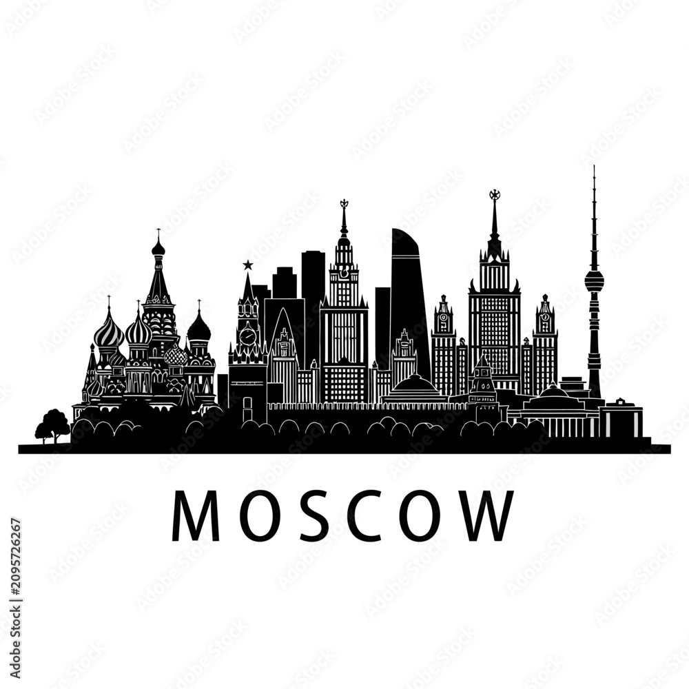 Fototapeta premium Moscow Cityscape Silhouette Illustration, Landmark Buildings Isolated