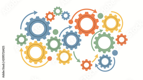 Gears of various sizes and colors connect in a complex mechanical web to represent industrial synergy and the interconnected nature of modern automated manufacturing systems.