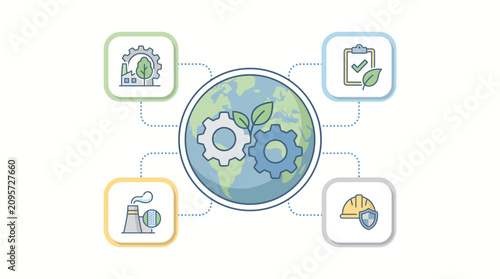 Globe infographic presents four distinct circular icons representing sustainable manufacturing practices.
