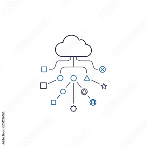Minimalist cloud icon connecting to diverse geometric data symbols