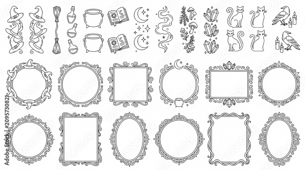 Fototapeta premium Occult Magic Halloween Frame Bundle Witchcraft Vector Border Collection