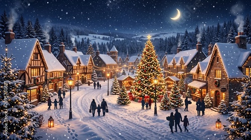 Enchanting Christmas Village at Night with Decorated Tree and Snow