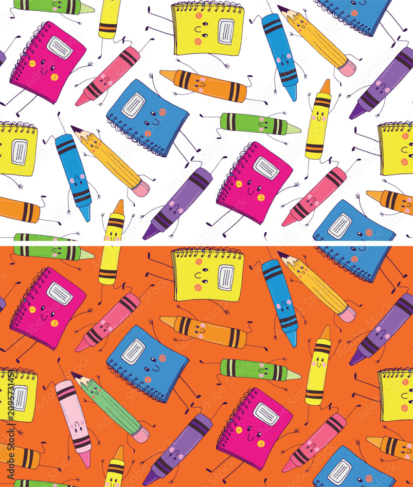 Fototapeta premium Back to School pattern background. Funny hand drawn doodle for t-shirt design, mug print, bag print, clothes fashion. 100% hand drawn vector image.