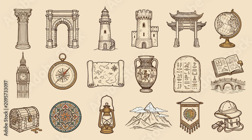 Collection of vintage travel and historical landmark icons, including a compass, map, globe, and ancient structures.