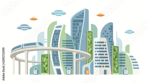 Obraz na płótnie Futuristic city skyline features sustainable architecture and advanced transportation systems