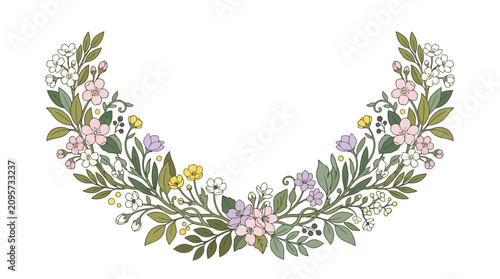 Floral wreath with white and yellow flowers on white background