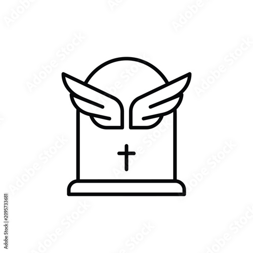 Billede på lærred Angel wings tombstone icon, grave marker with cross, memorial symbol outline for