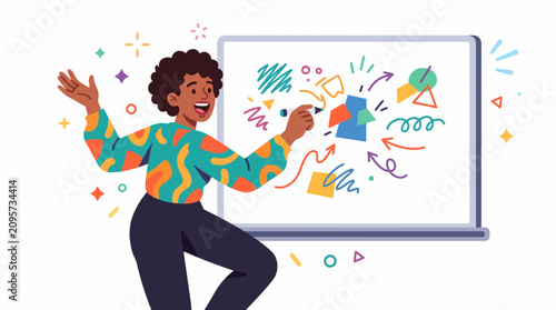 Creative person drawing colorful abstract shapes and arrows on a whiteboard with a marker