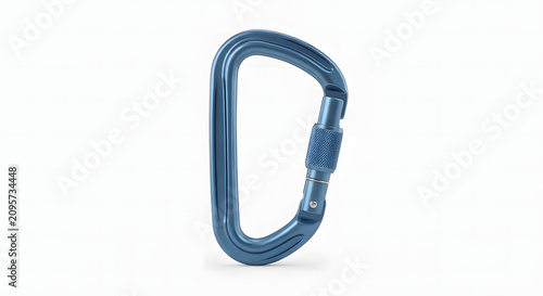 Blue locking carabiner clip isolated on white background.Metallic blue climbing carabiner hook with locking gate.