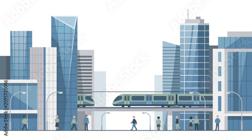 Photos Train commutes through a modern cityscape with tall glass skyscrapers and small figures walking on the street
