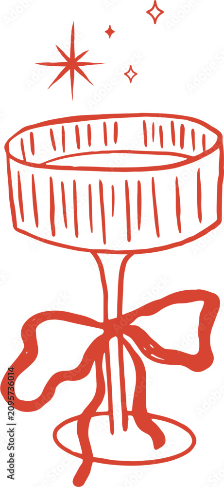 Fototapeta premium Whimsical cocktail glass with coquette bow. Hand drawn party drinks vector illustration series for birthdays, weddings, Valentine and New Year celebration designs.