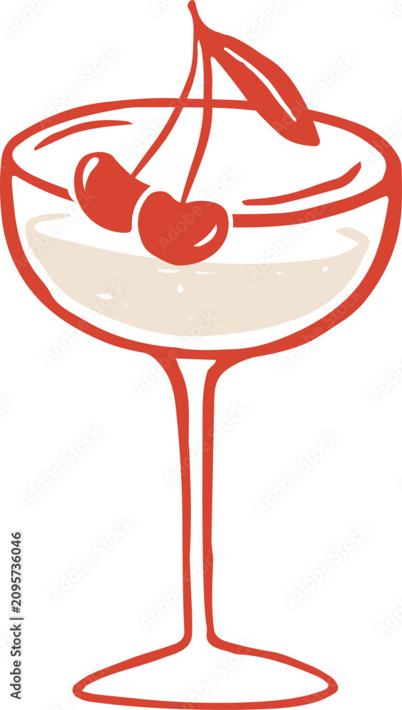 Fototapeta premium Whimsical cocktail glass with cherries. Hand drawn party drinks vector illustration series for birthdays, weddings, Valentine and New Year celebration designs.