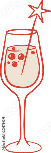 Vintage champagne or cocktail glass drawing. Hand drawn party drinks vector illustration series for birthdays, weddings, Valentine and New Year celebration designs.