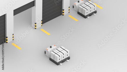 Photos Autonomous pallet jacks with boxes delivering them into the warehouse gates, 3d