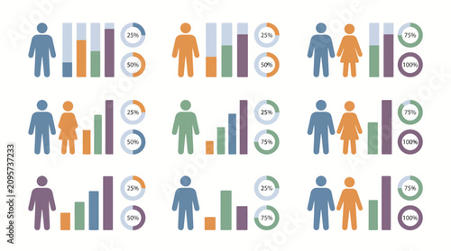 People statistics charts show various demographic data points represented by colorful bar graphs and circular percentage icons.